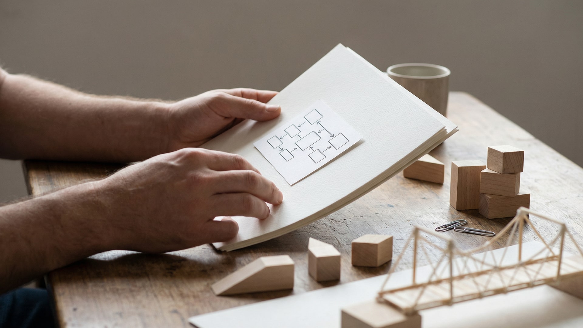 A physical metaphor for “AI Code Review for Non-Technical Founders”: a set of simple geometric blocks arranged to show tradeoffs, with a diagram card (boxes/arrows only)