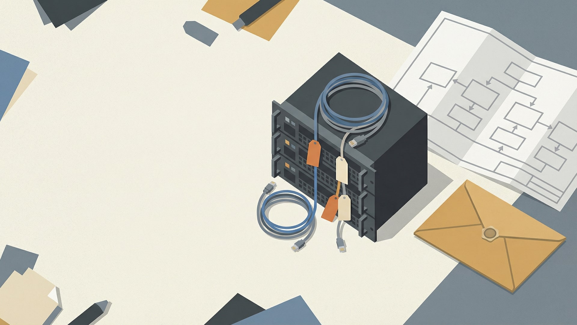 On-prem infrastructure planning: a small server rack or network switch, cable tags without text, and a simplified architecture diagram with boxes/arrows only