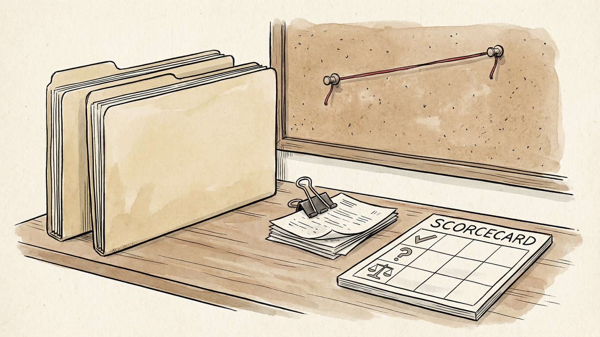 A neutral comparison setup: two unlabeled folders side-by-side, a blank scorecard with icons only, and one strong metaphor object in the center