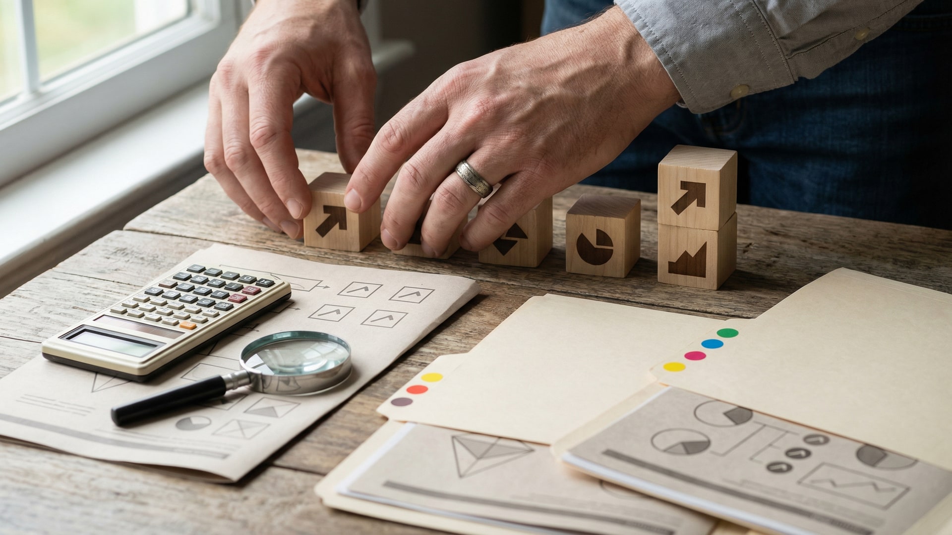 Cost and tradeoff planning: calculator, simple chart blocks (no numbers), and two options laid out side-by-side with neutral props