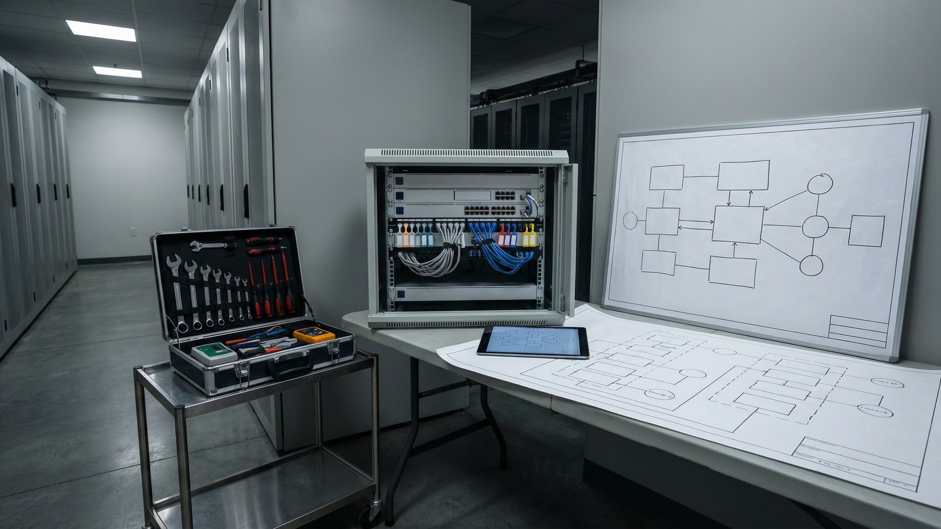 On-prem infrastructure planning: a small server rack or network switch, cable tags without text, and a simplified architecture diagram with boxes/arrows only