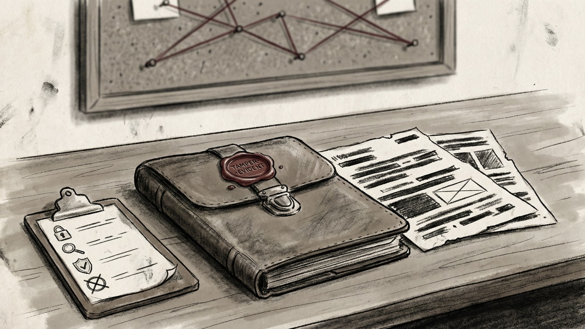 A secure review workspace with a locked folder, redacted documents (no readable text), and a simple risk checklist with icons only