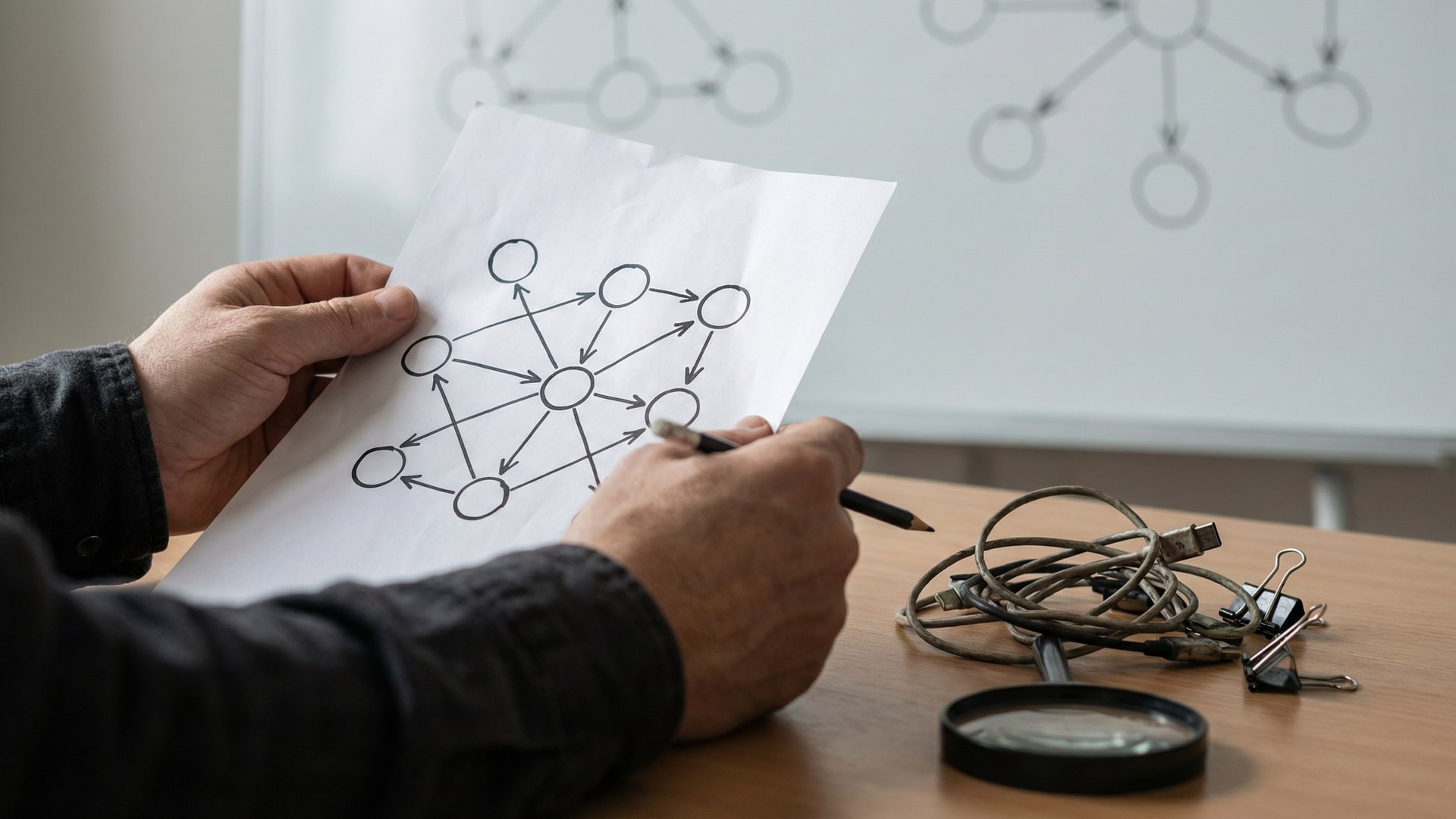 Architecture thinking: a whiteboard or wall with a diagram of nodes and arrows (no labels), plus a small tangle of cables as a metaphor