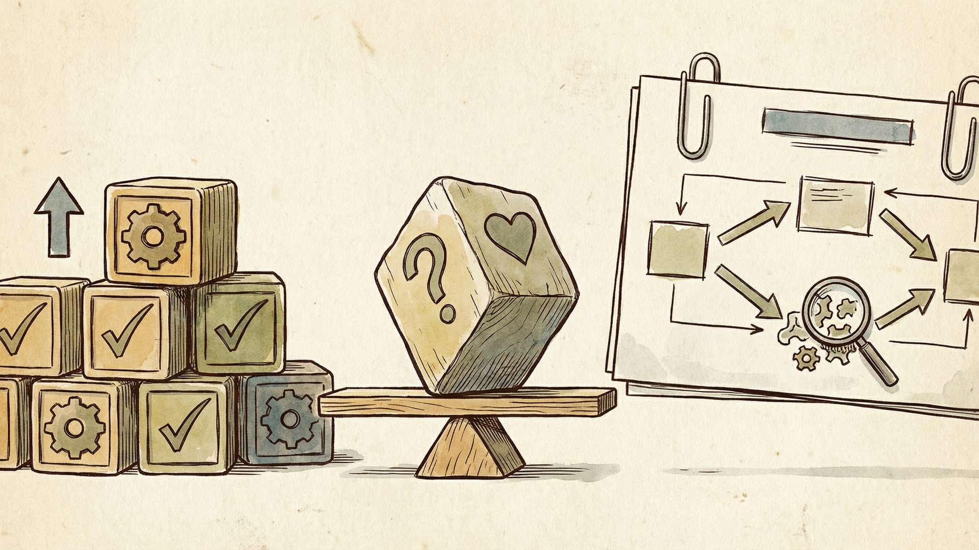 A physical metaphor for “Code Review Automation: What to Automate and What to Keep Human”: a set of simple geometric blocks arranged to show tradeoffs, with a diagram card (boxes/arrows only)