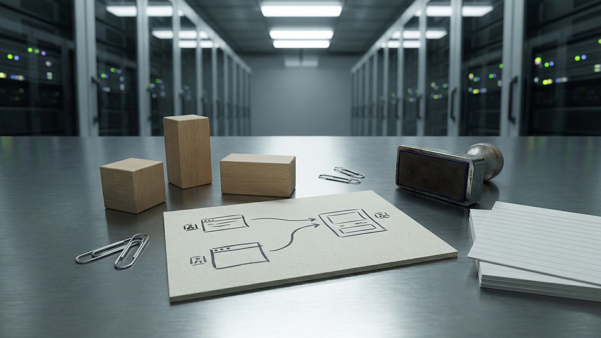 A physical metaphor for “Code Review for AI-Generated Code”: a set of simple geometric blocks arranged to show tradeoffs, with a diagram card (boxes/arrows only)