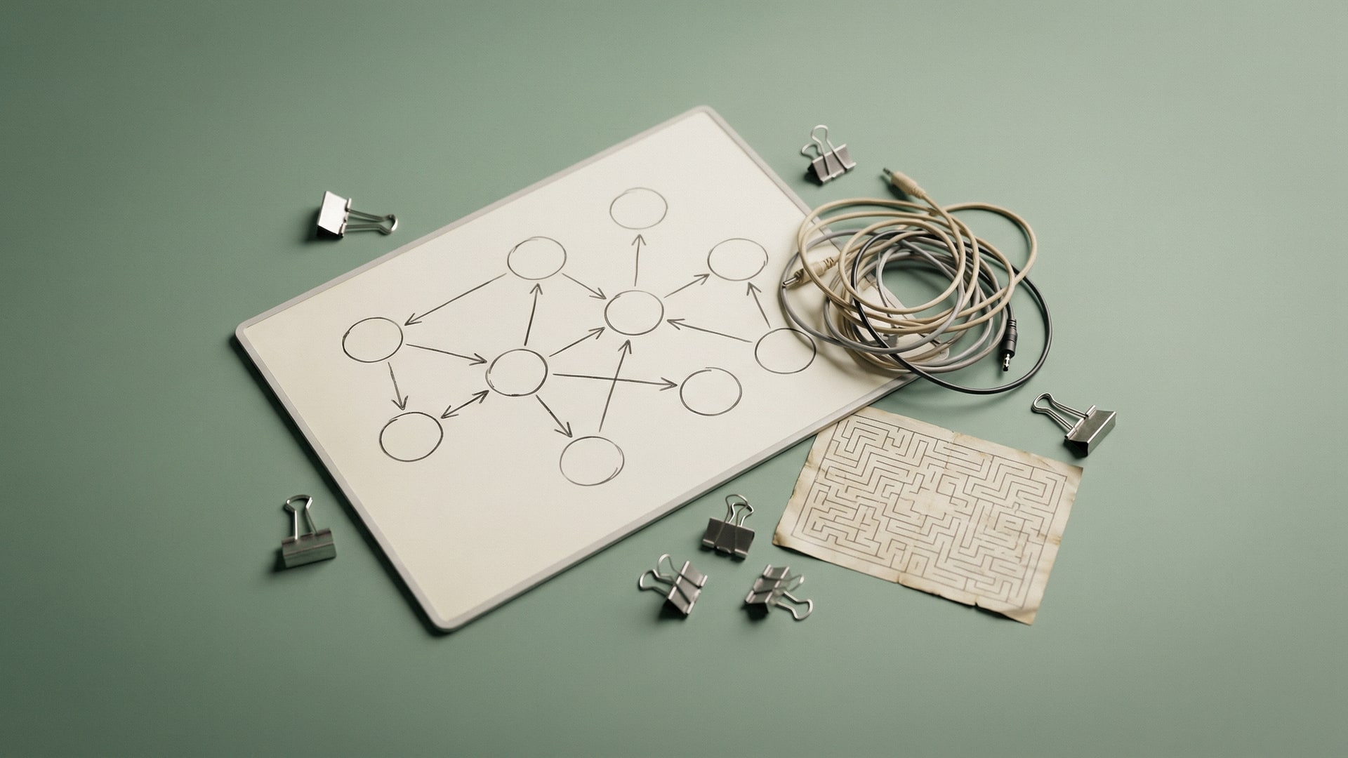 Architecture thinking: a whiteboard or wall with a diagram of nodes and arrows (no labels), plus a small tangle of cables as a metaphor