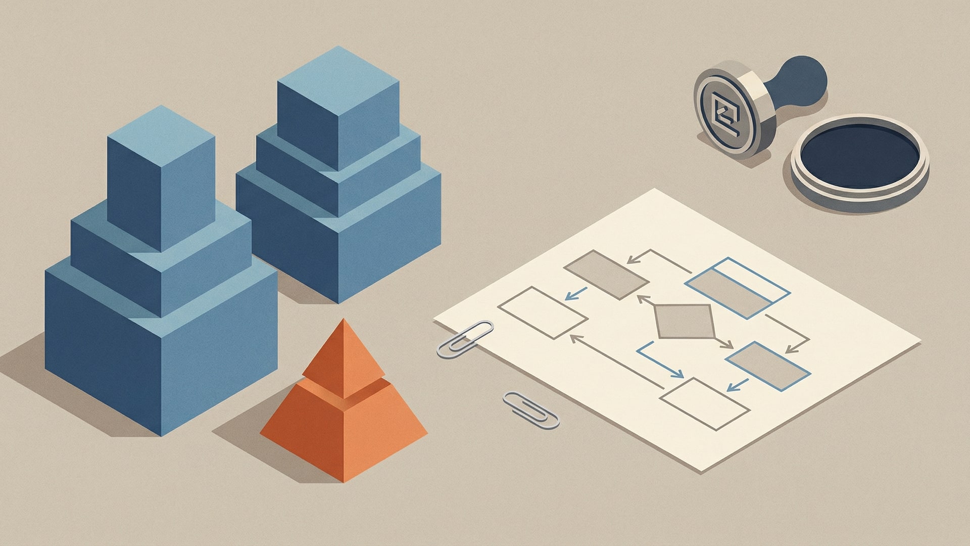 A physical metaphor for “Code Review Is Not About Catching Bugs”: a set of simple geometric blocks arranged to show tradeoffs, with a diagram card (boxes/arrows only)