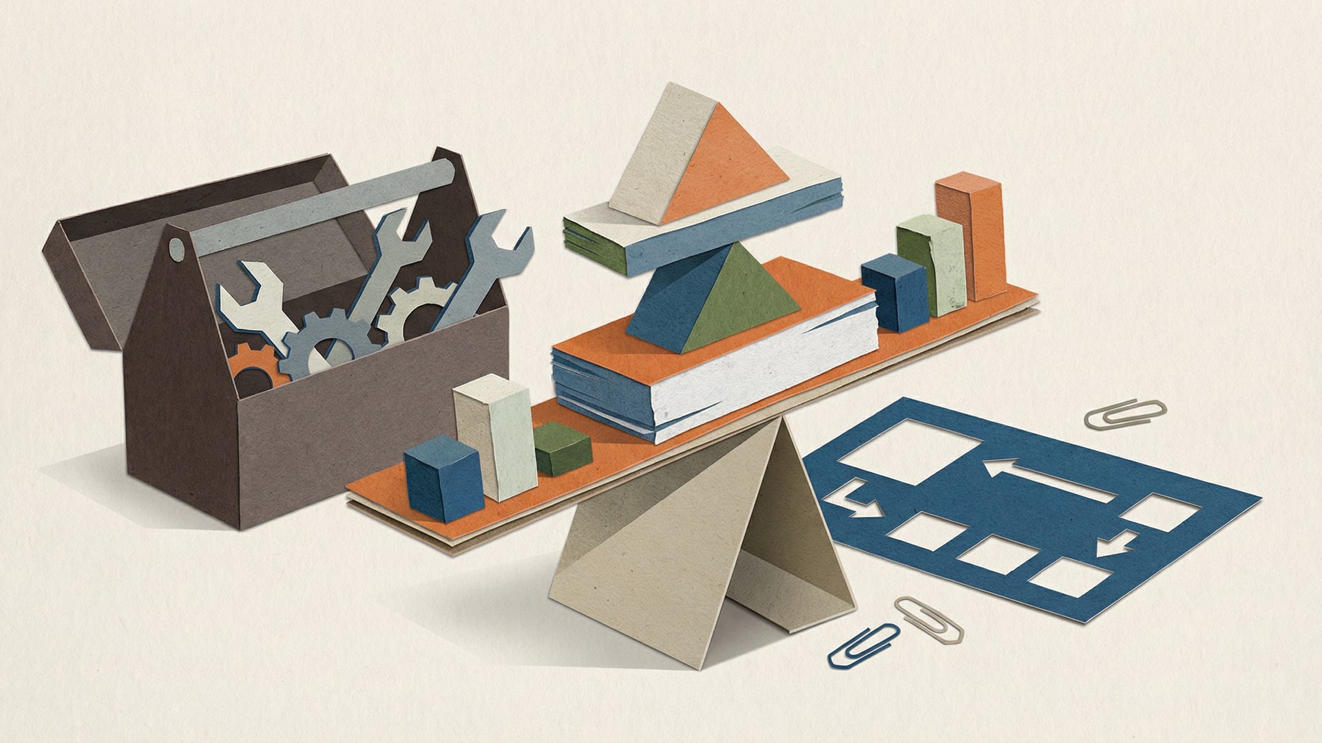 A physical metaphor for “Code Review Metrics Every Engineering Manager Should Track”: a set of simple geometric blocks arranged to show tradeoffs, with a diagram card (boxes/arrows only)