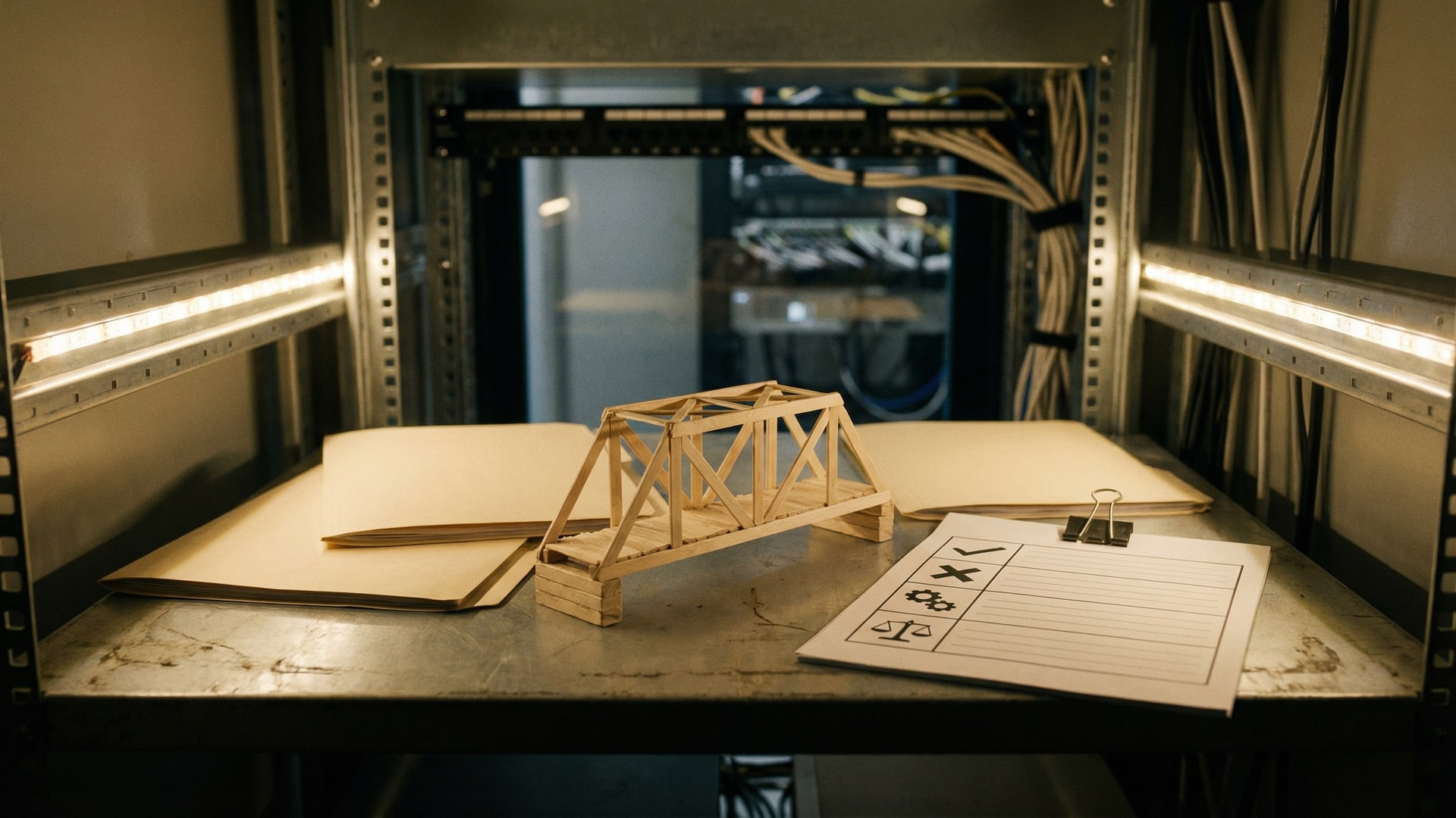 A neutral comparison setup: two unlabeled folders side-by-side, a blank scorecard with icons only, and one strong metaphor object in the center