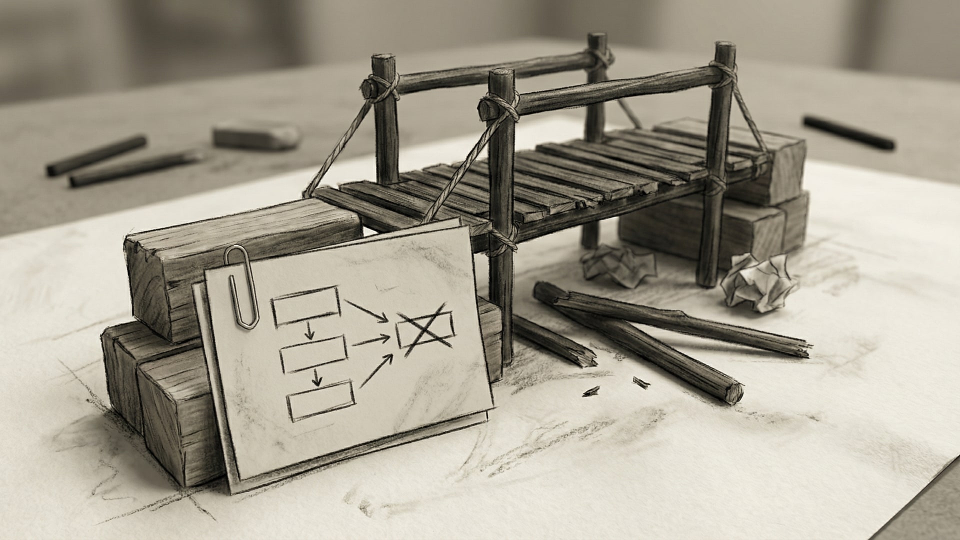 A physical metaphor for “Dead Code Detection: Why Removing Unused Code Actually Matters”: a set of simple geometric blocks arranged to show tradeoffs, with a diagram card (boxes/arrows only)