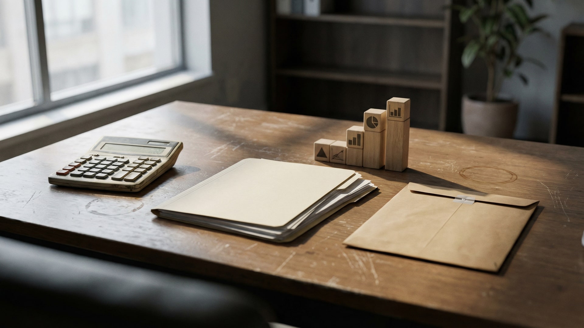 Cost and tradeoff planning: calculator, simple chart blocks (no numbers), and two options laid out side-by-side with neutral props