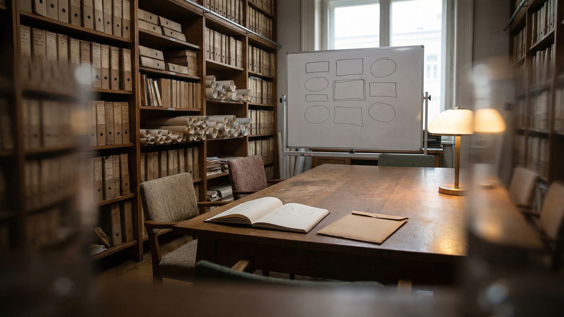 Human process: a meeting table with a few chairs, a whiteboard with blank boxes, and a single notebook open to a page with simple shapes (no words)