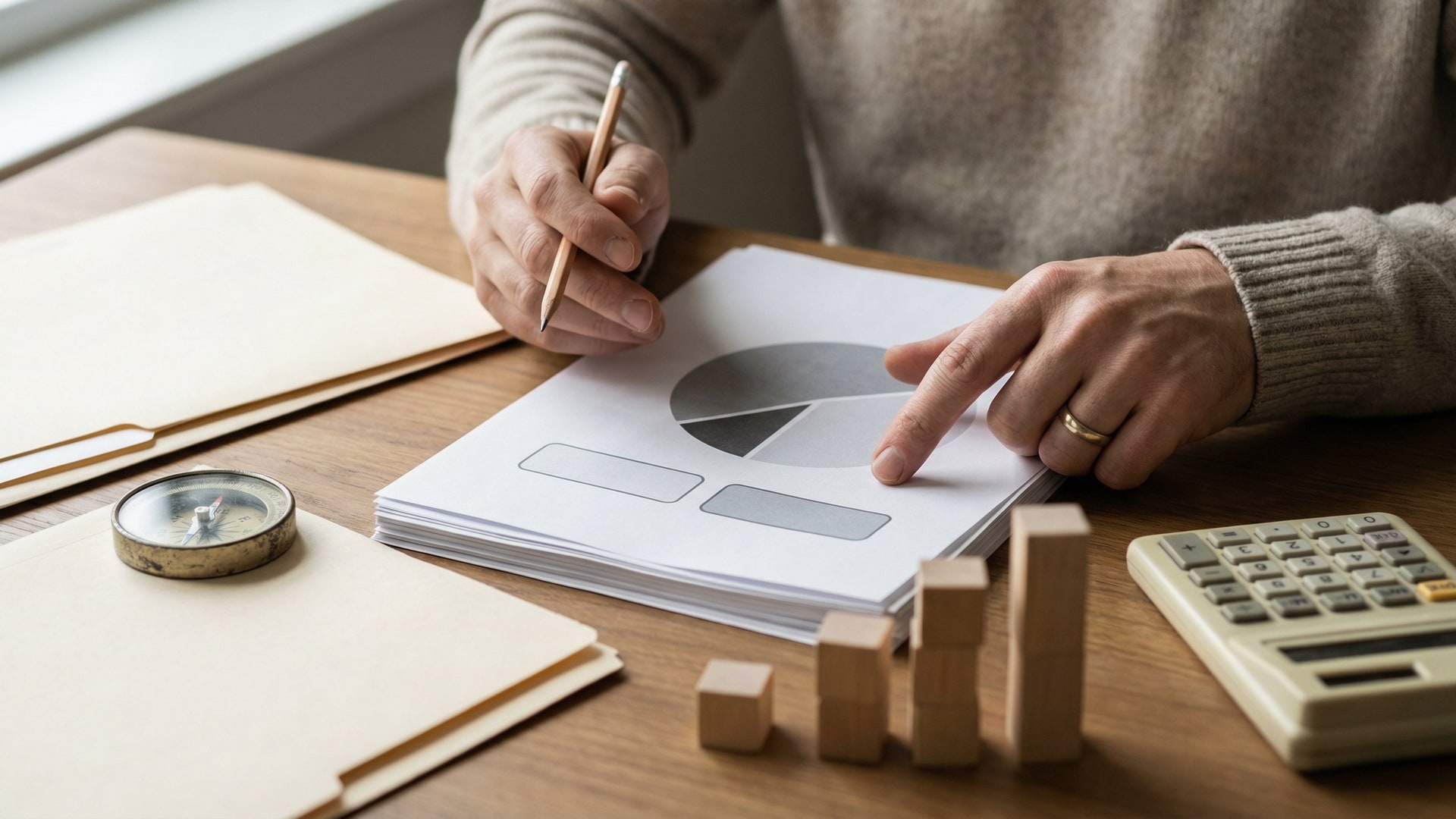 Cost and tradeoff planning: calculator, simple chart blocks (no numbers), and two options laid out side-by-side with neutral props