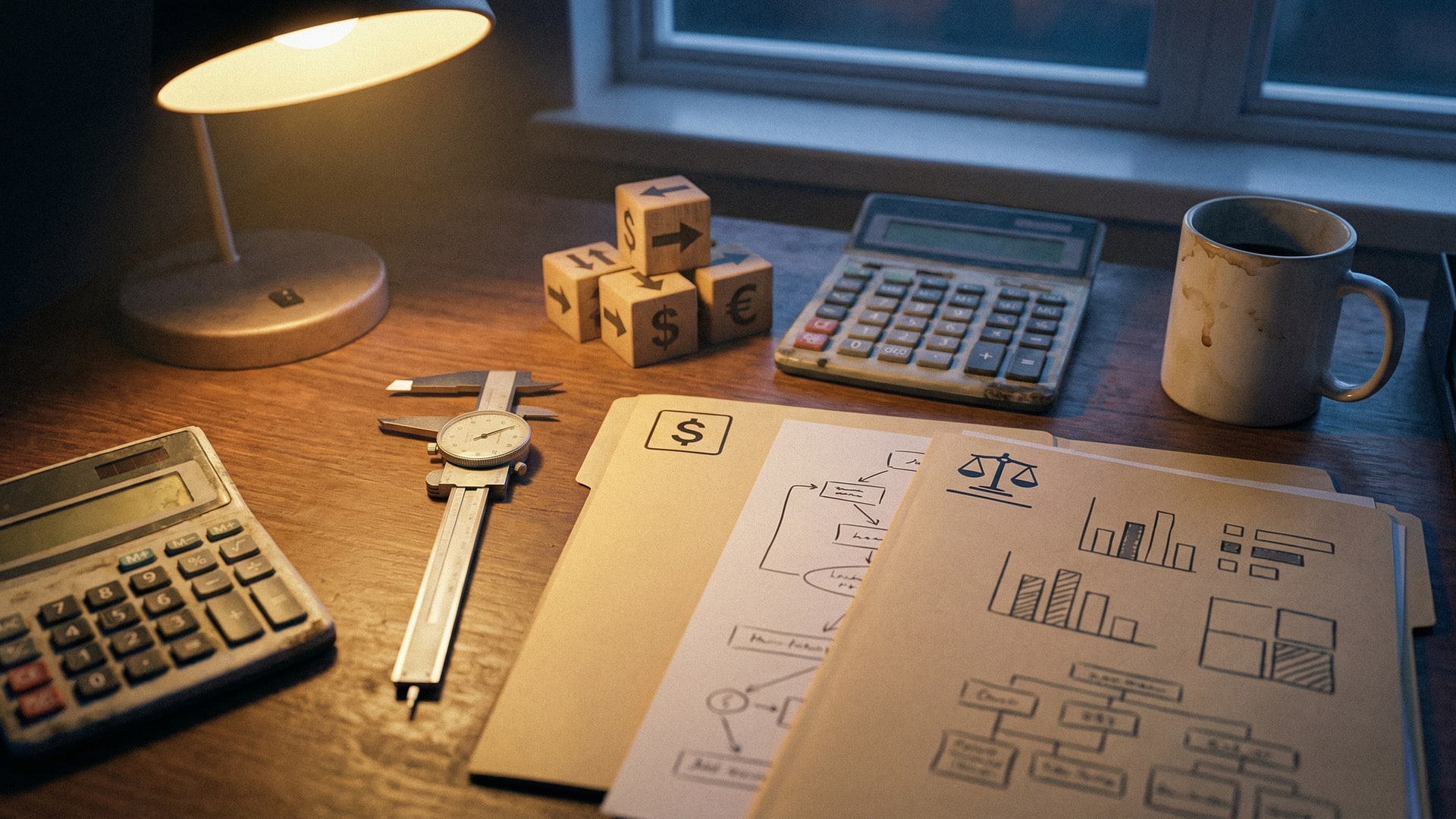 Cost and tradeoff planning: calculator, simple chart blocks (no numbers), and two options laid out side-by-side with neutral props