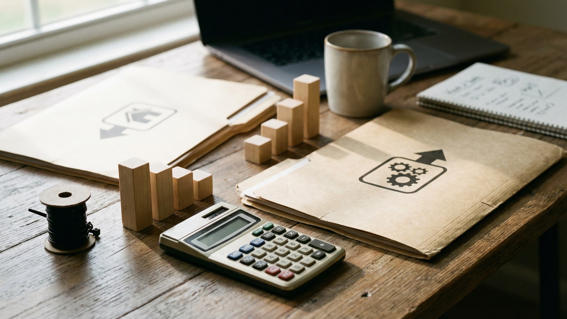 Cost and tradeoff planning: calculator, simple chart blocks (no numbers), and two options laid out side-by-side with neutral props