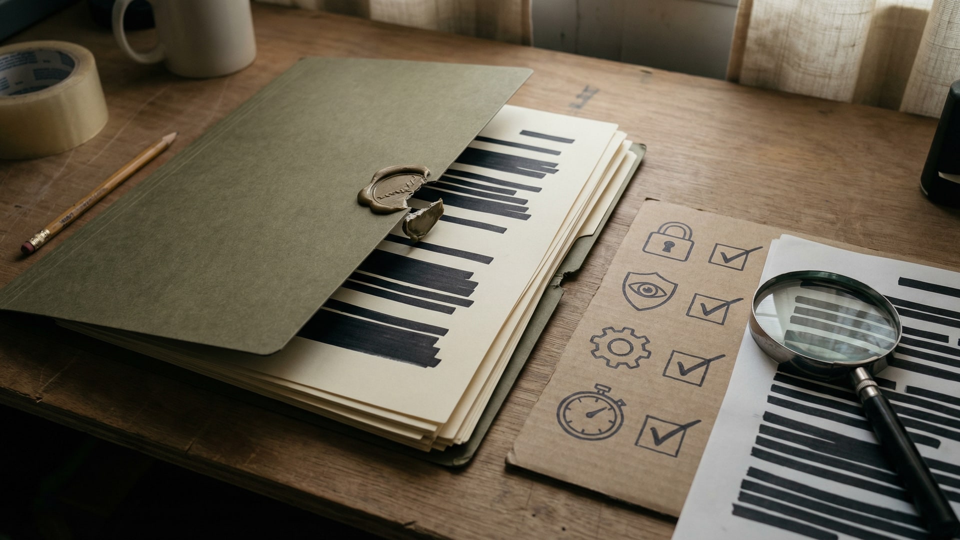 A secure review workspace with a locked folder, redacted documents (no readable text), and a simple risk checklist with icons only