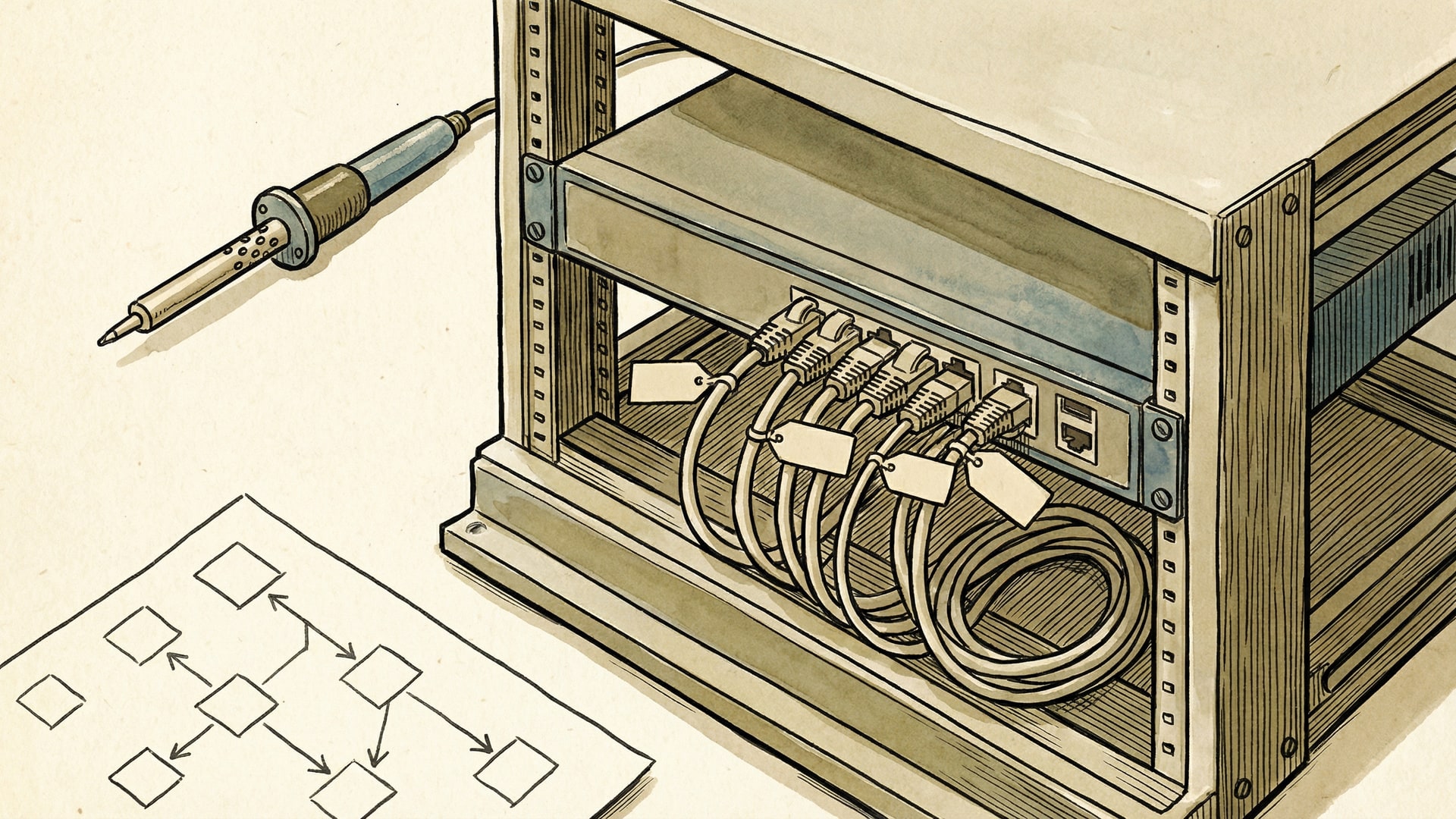 On-prem infrastructure planning: a small server rack or network switch, cable tags without text, and a simplified architecture diagram with boxes/arrows only