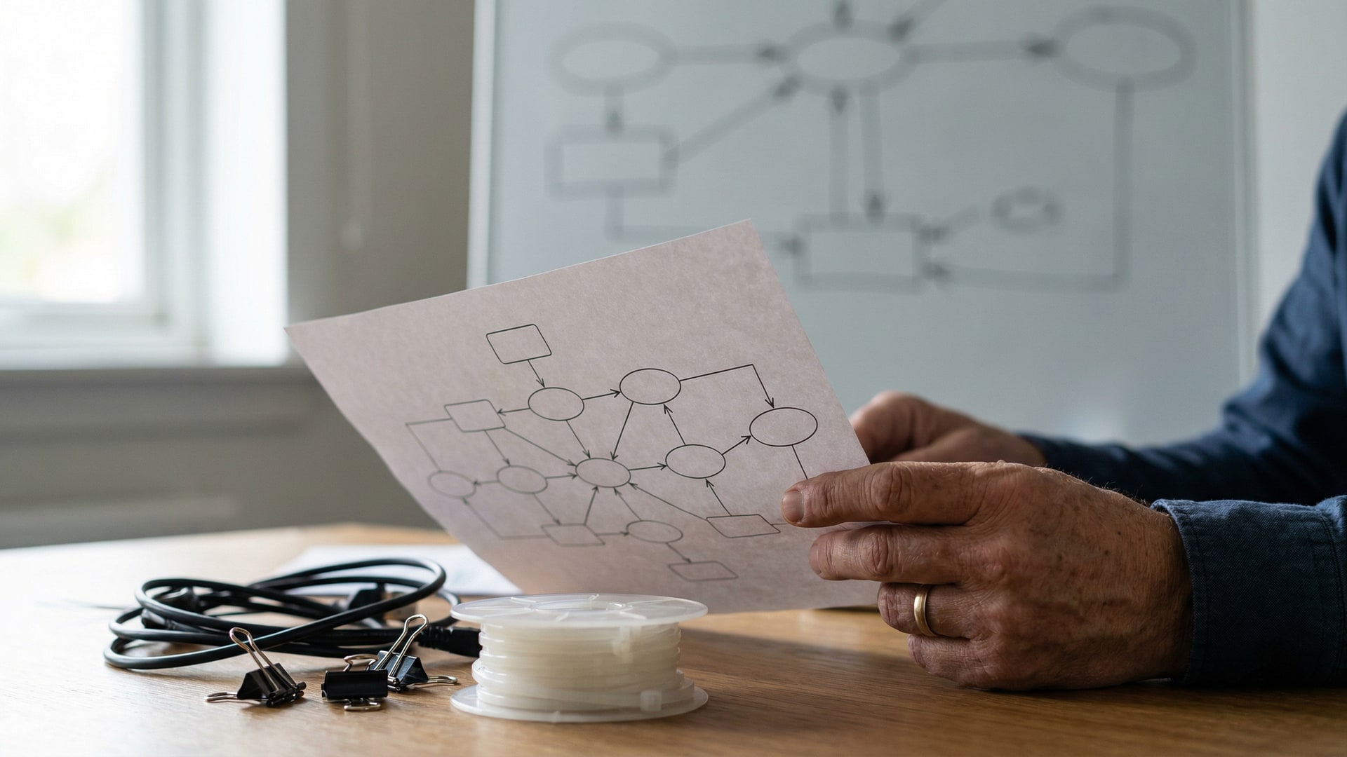 Architecture thinking: a whiteboard or wall with a diagram of nodes and arrows (no labels), plus a small tangle of cables as a metaphor