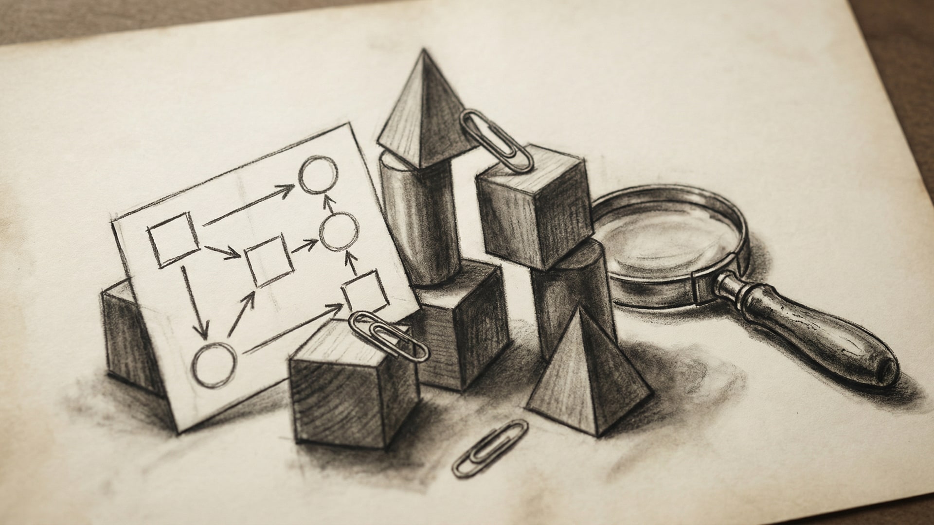 A physical metaphor for “How to Review Open Source Code Before Adopting It”: a set of simple geometric blocks arranged to show tradeoffs, with a diagram card (boxes/arrows only)