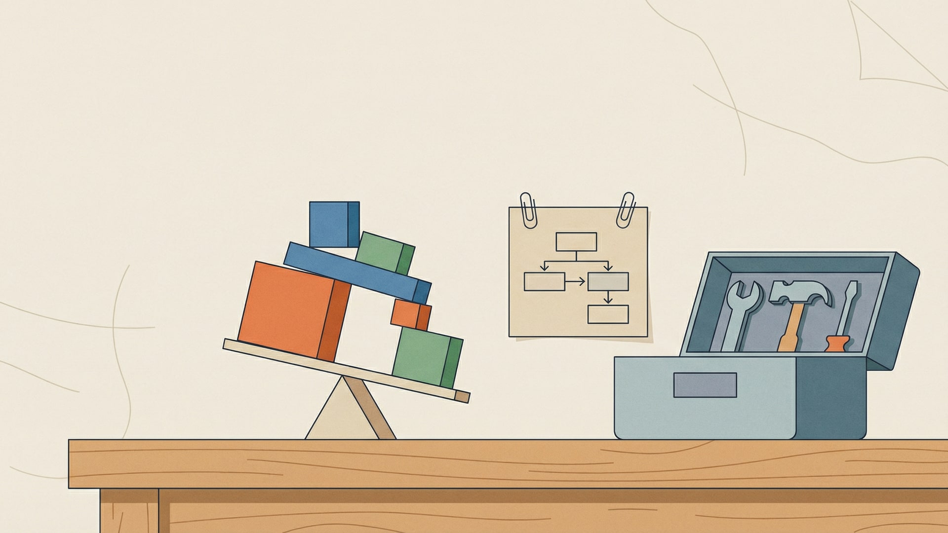 A physical metaphor for “How to Present Code Review Findings to Non-Technical Stakeholders”: a set of simple geometric blocks arranged to show tradeoffs, with a diagram card (boxes/arrows only)