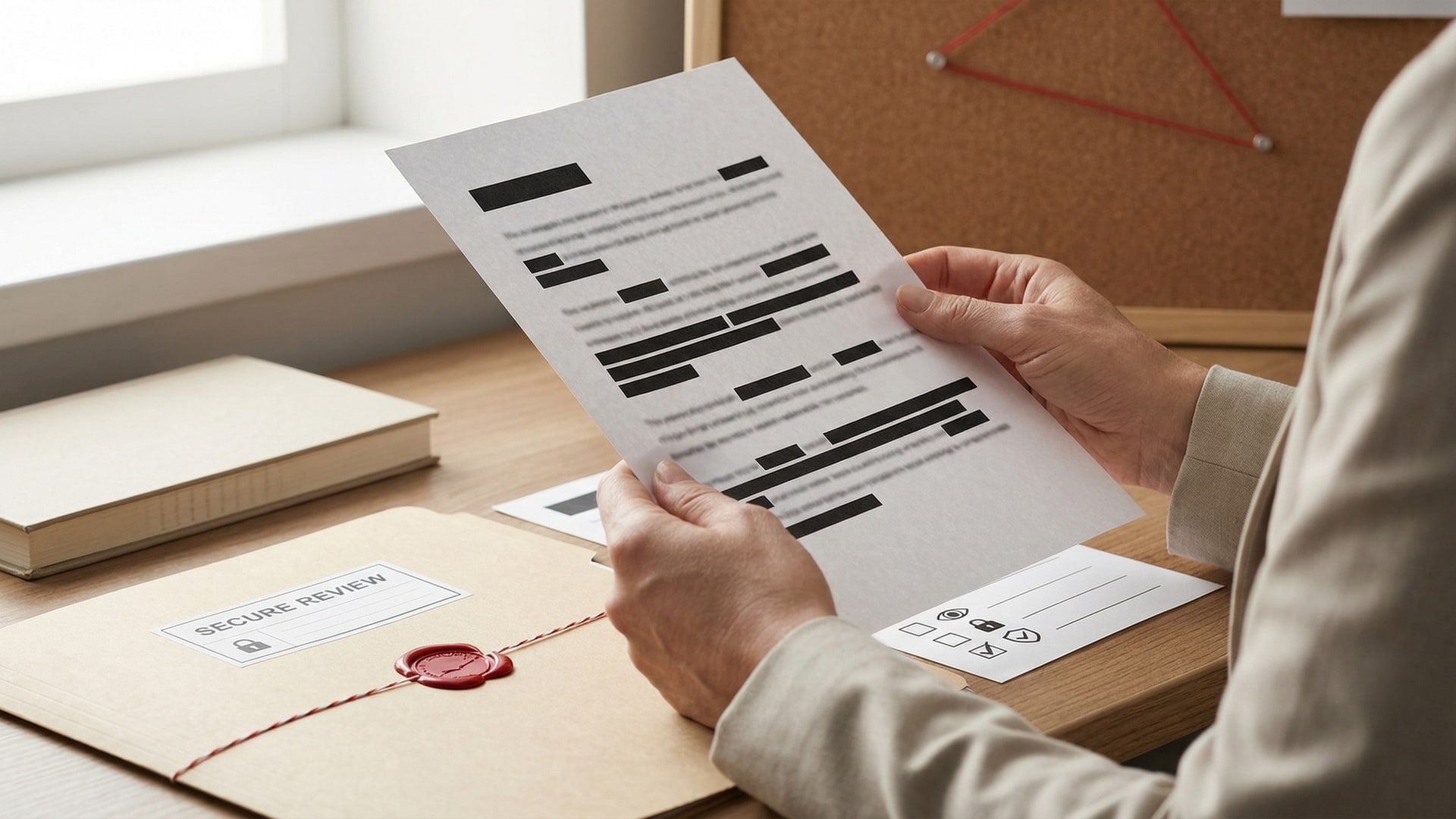 A secure review workspace with a locked folder, redacted documents (no readable text), and a simple risk checklist with icons only