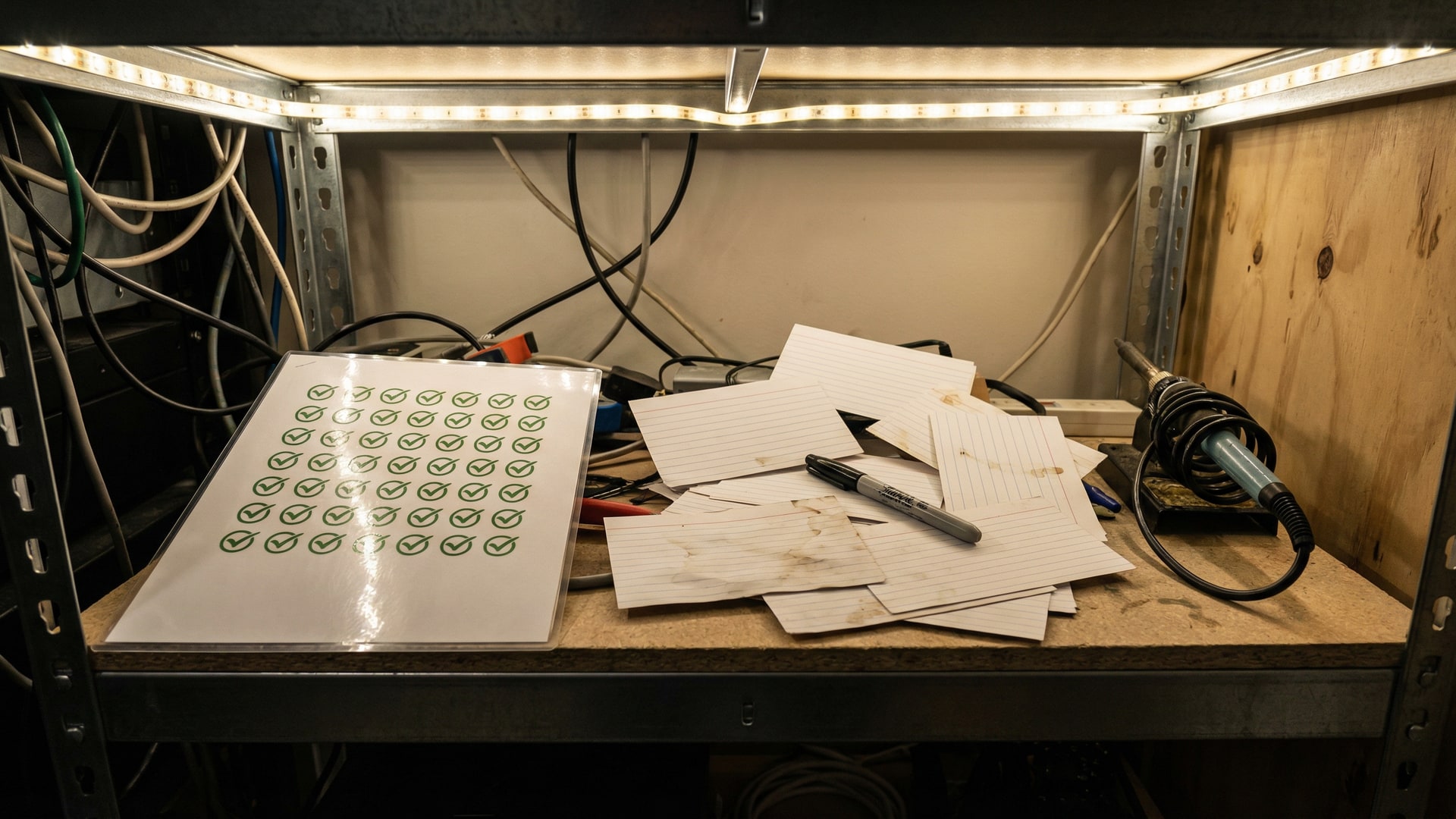 A contrast between “checks pass” and “real bug”: a green check icon sheet (no text) next to a messy incident timeline with blank cards