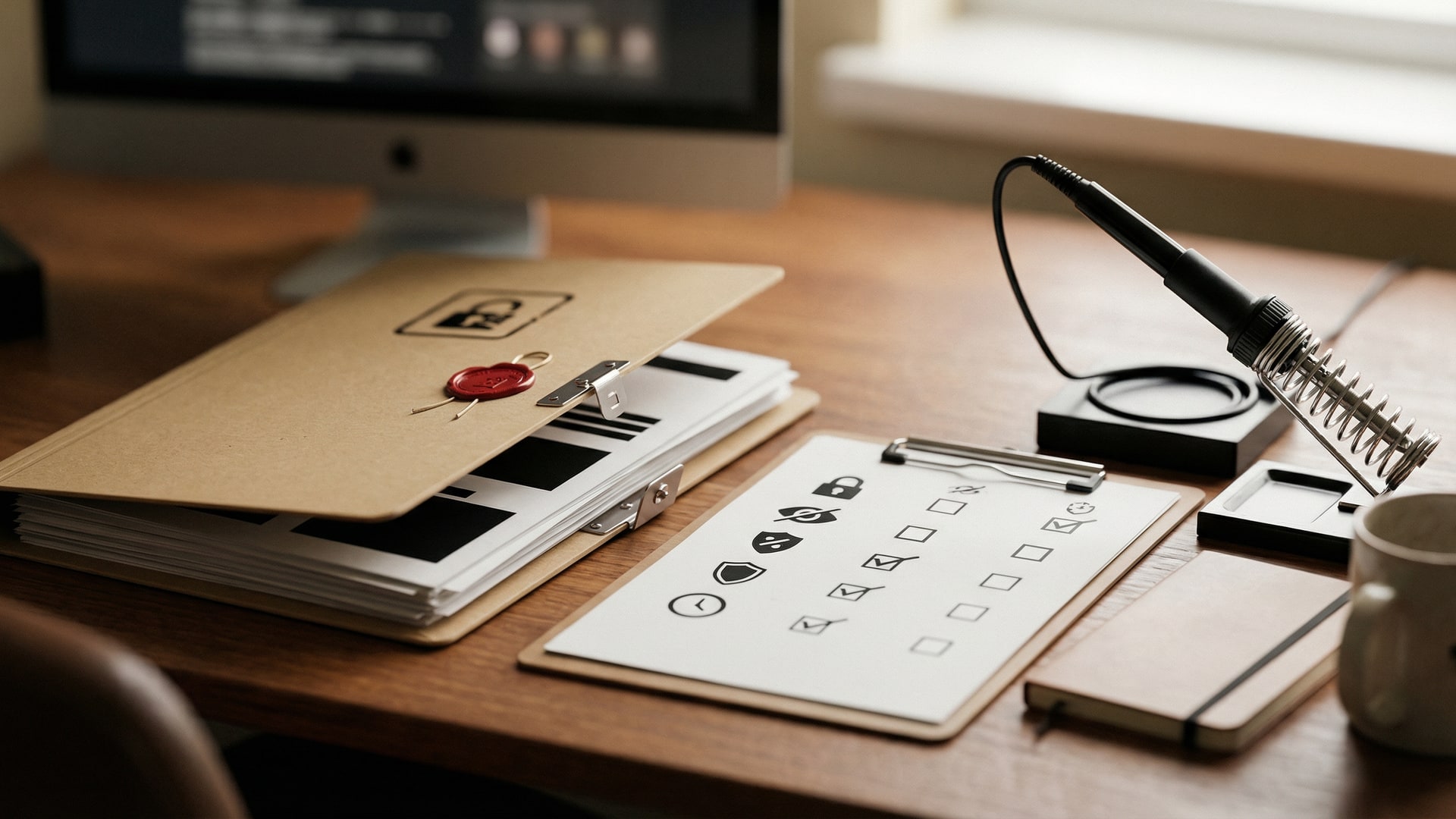 A secure review workspace with a locked folder, redacted documents (no readable text), and a simple risk checklist with icons only