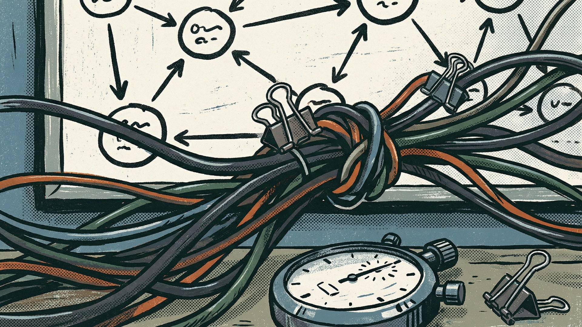 Architecture thinking: a whiteboard or wall with a diagram of nodes and arrows (no labels), plus a small tangle of cables as a metaphor