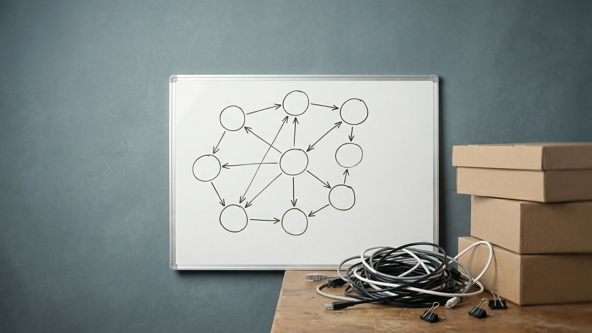Architecture thinking: a whiteboard or wall with a diagram of nodes and arrows (no labels), plus a small tangle of cables as a metaphor