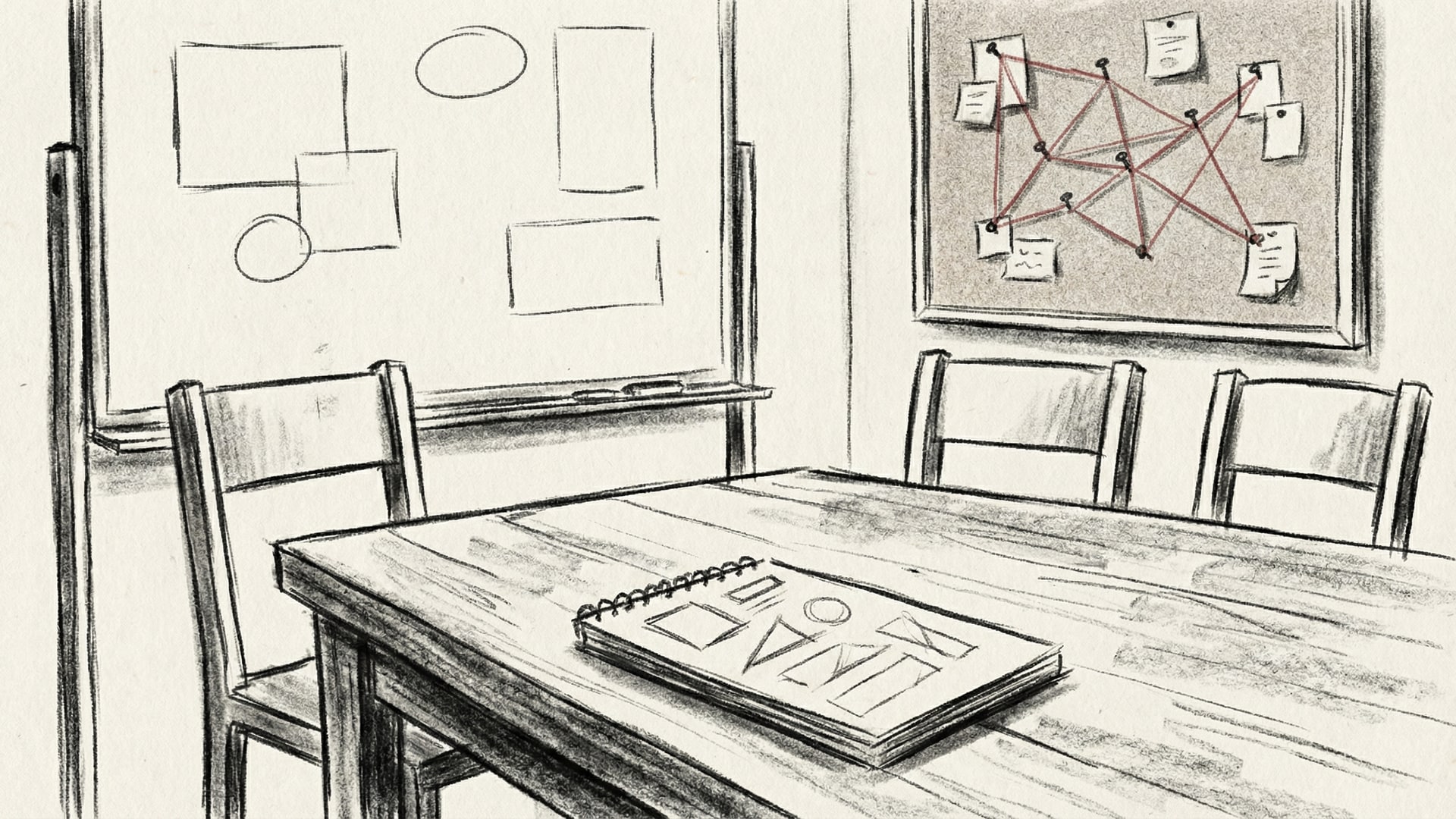 Human process: a meeting table with a few chairs, a whiteboard with blank boxes, and a single notebook open to a page with simple shapes (no words)