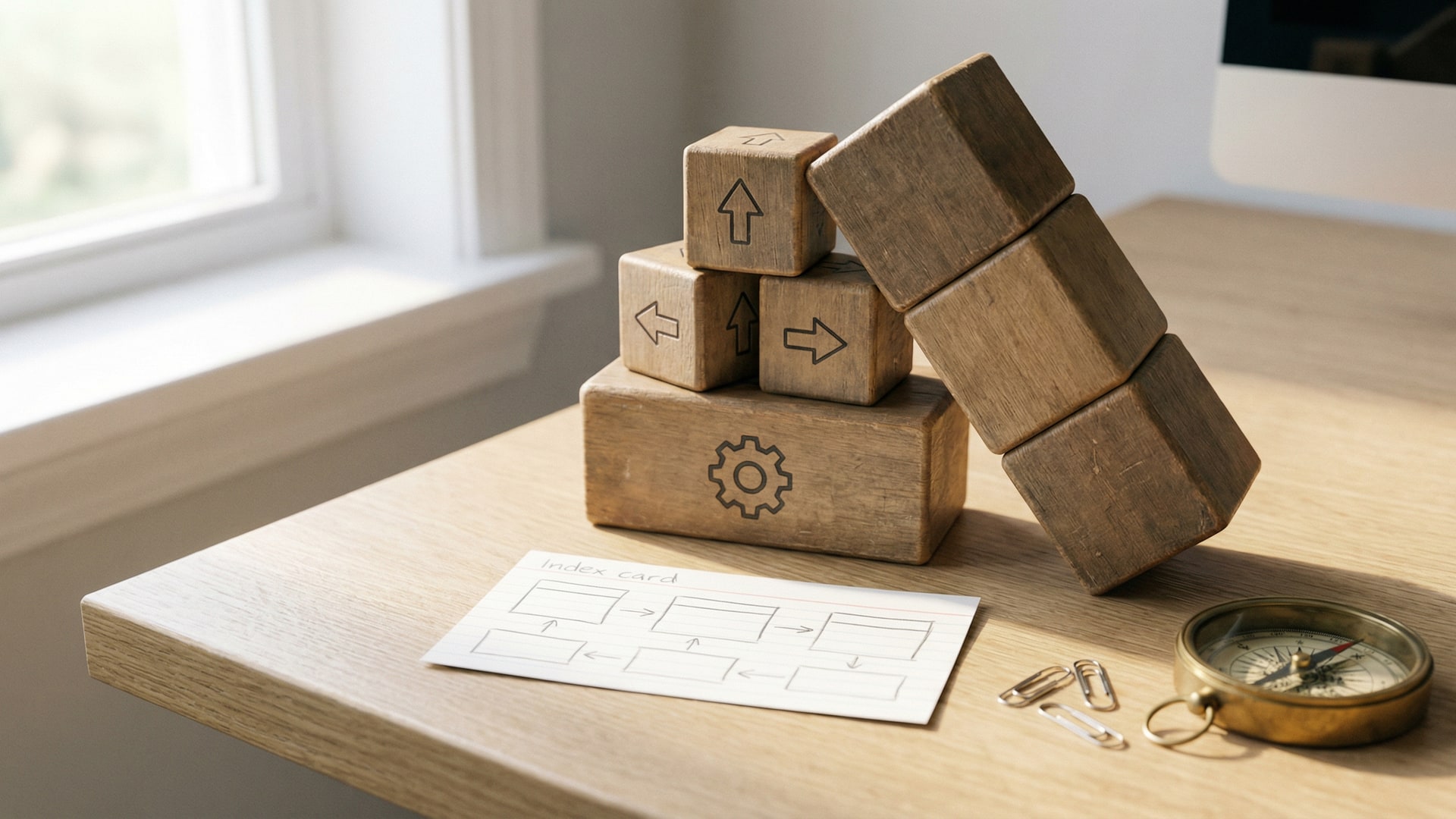 A physical metaphor for “What Engineering Leaders Get Wrong About Technical Debt”: a set of simple geometric blocks arranged to show tradeoffs, with a diagram card (boxes/arrows only)