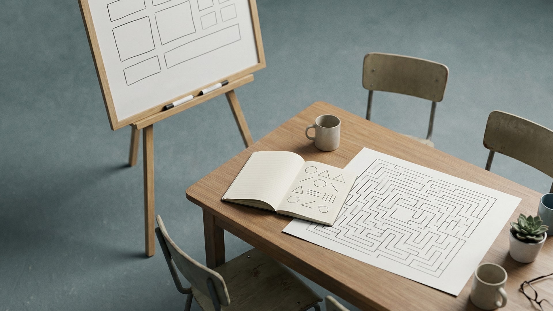 Human process: a meeting table with a few chairs, a whiteboard with blank boxes, and a single notebook open to a page with simple shapes (no words)