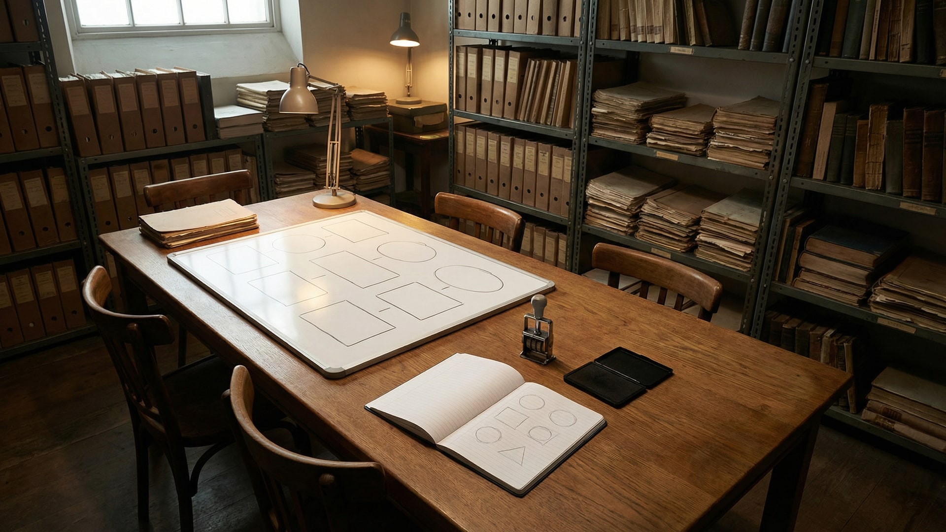 Human process: a meeting table with a few chairs, a whiteboard with blank boxes, and a single notebook open to a page with simple shapes (no words)