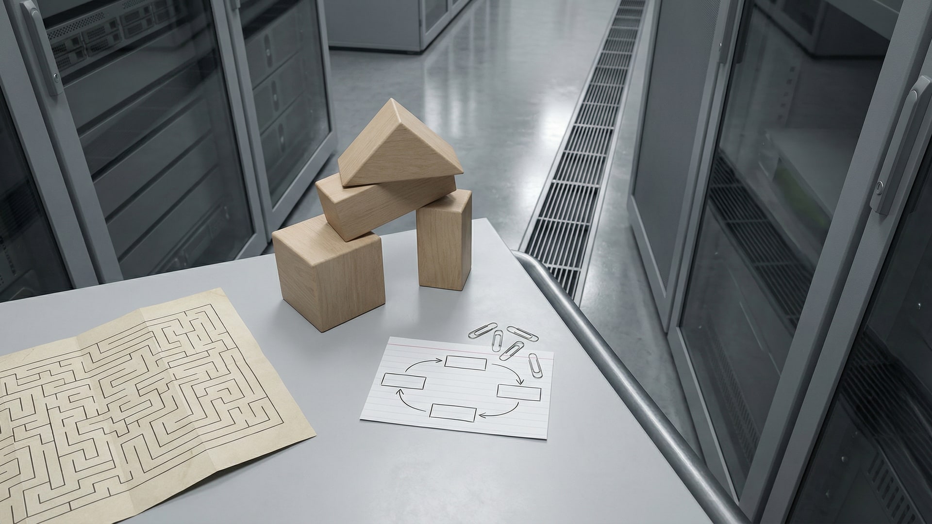 A physical metaphor for “When Good Enough Code Is Good Enough”: a set of simple geometric blocks arranged to show tradeoffs, with a diagram card (boxes/arrows only)