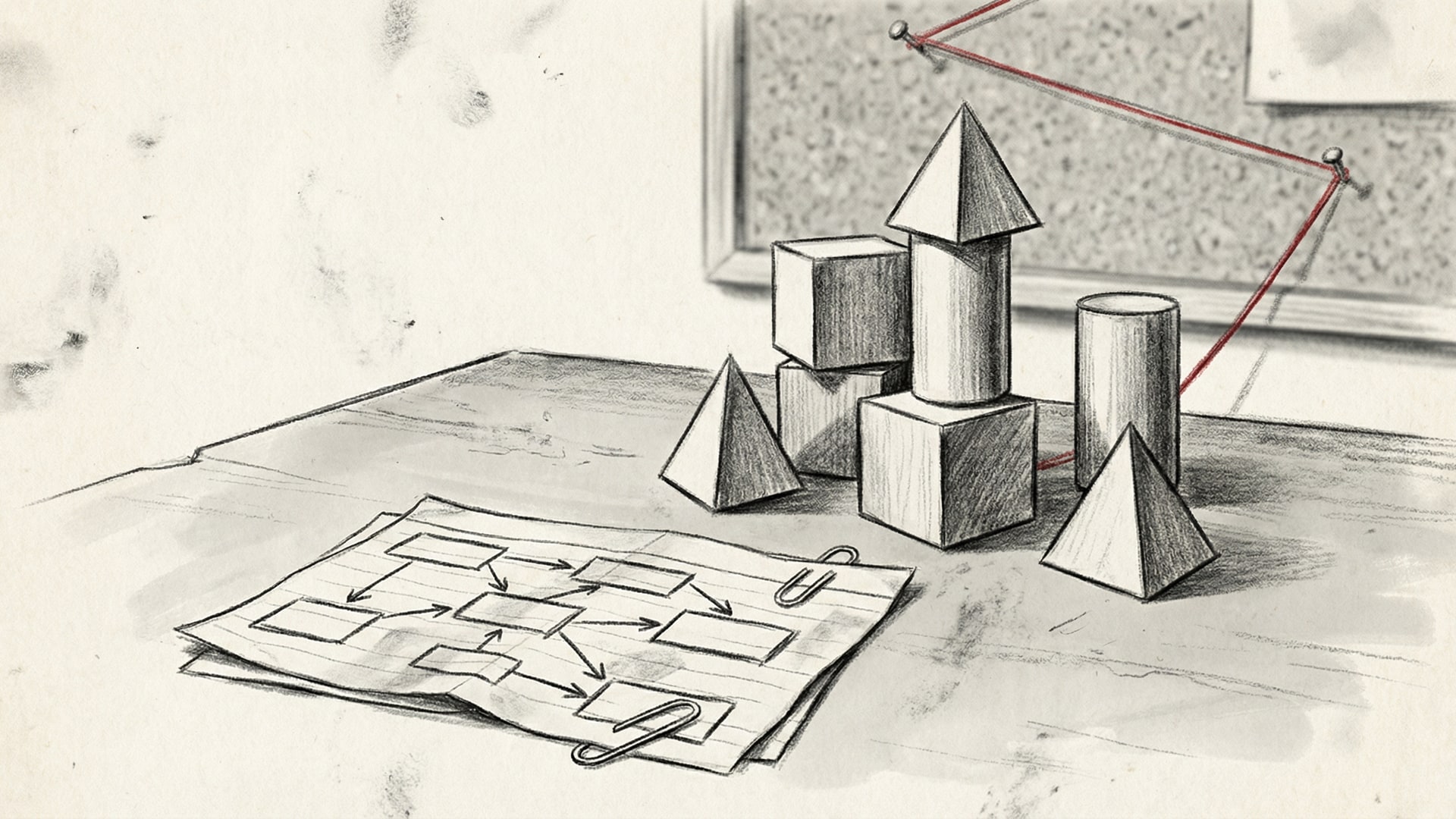A physical metaphor for “Why Developers Hate Code Review (And How to Fix It)”: a set of simple geometric blocks arranged to show tradeoffs, with a diagram card (boxes/arrows only)