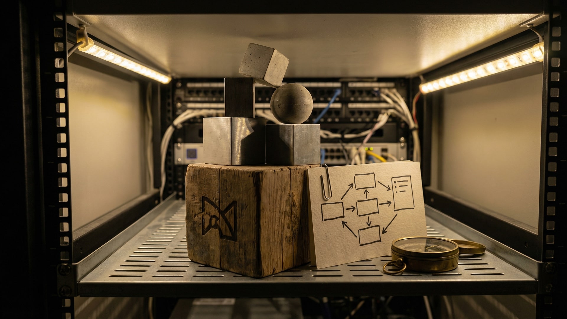 A physical metaphor for “Why Legacy Code Is Not Going Anywhere”: a set of simple geometric blocks arranged to show tradeoffs, with a diagram card (boxes/arrows only)