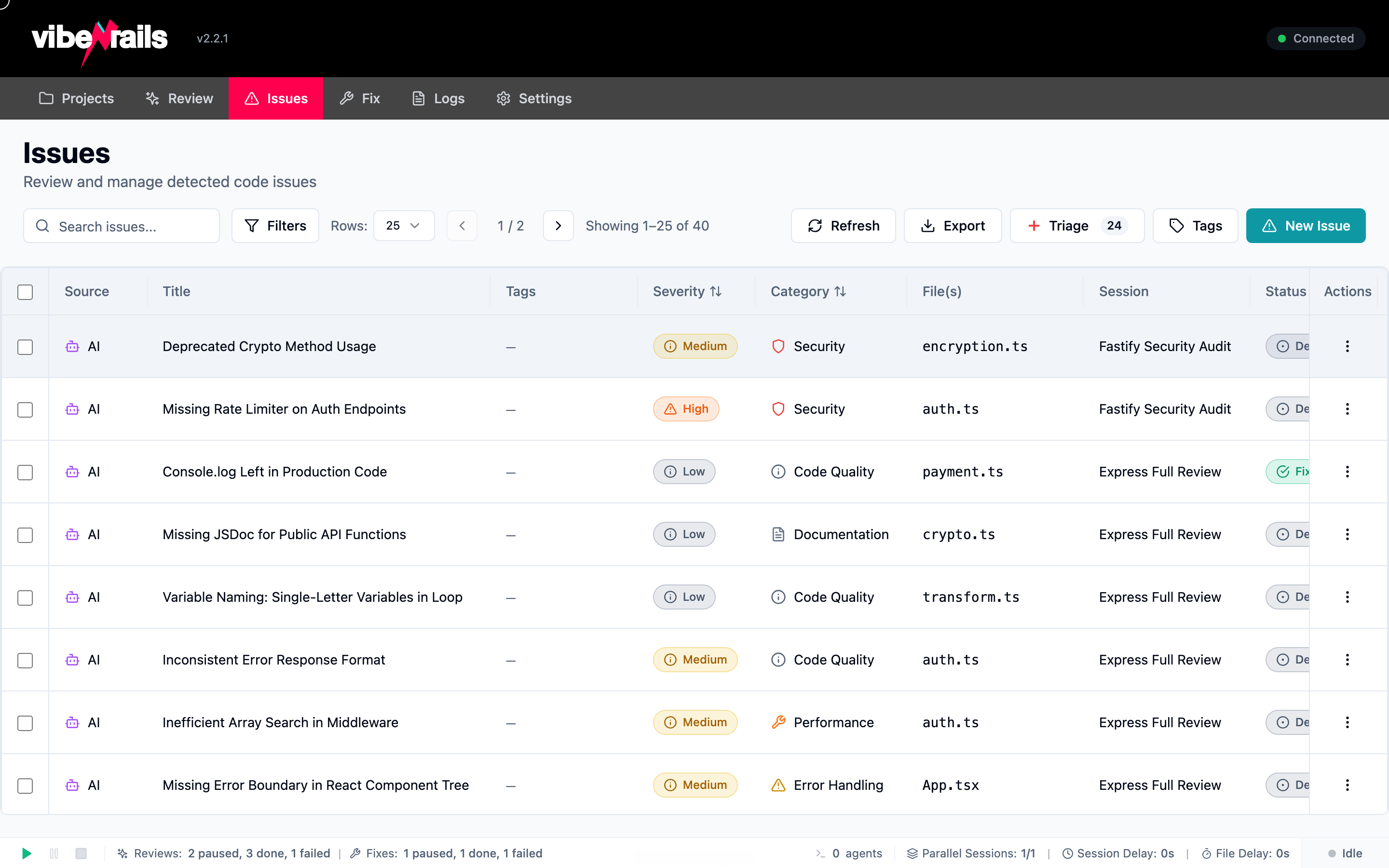 VibeRails issue detection across 17 categories with severity levels
