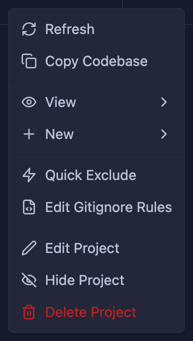 Context menu showing project actions like Rescan and Edit Rules