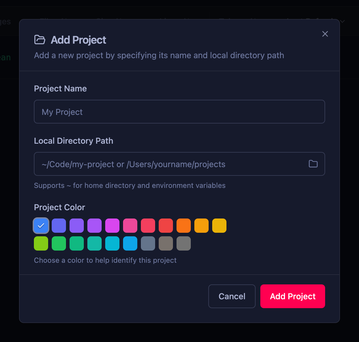 The Add Project dialog showing path, name, and exclusion fields