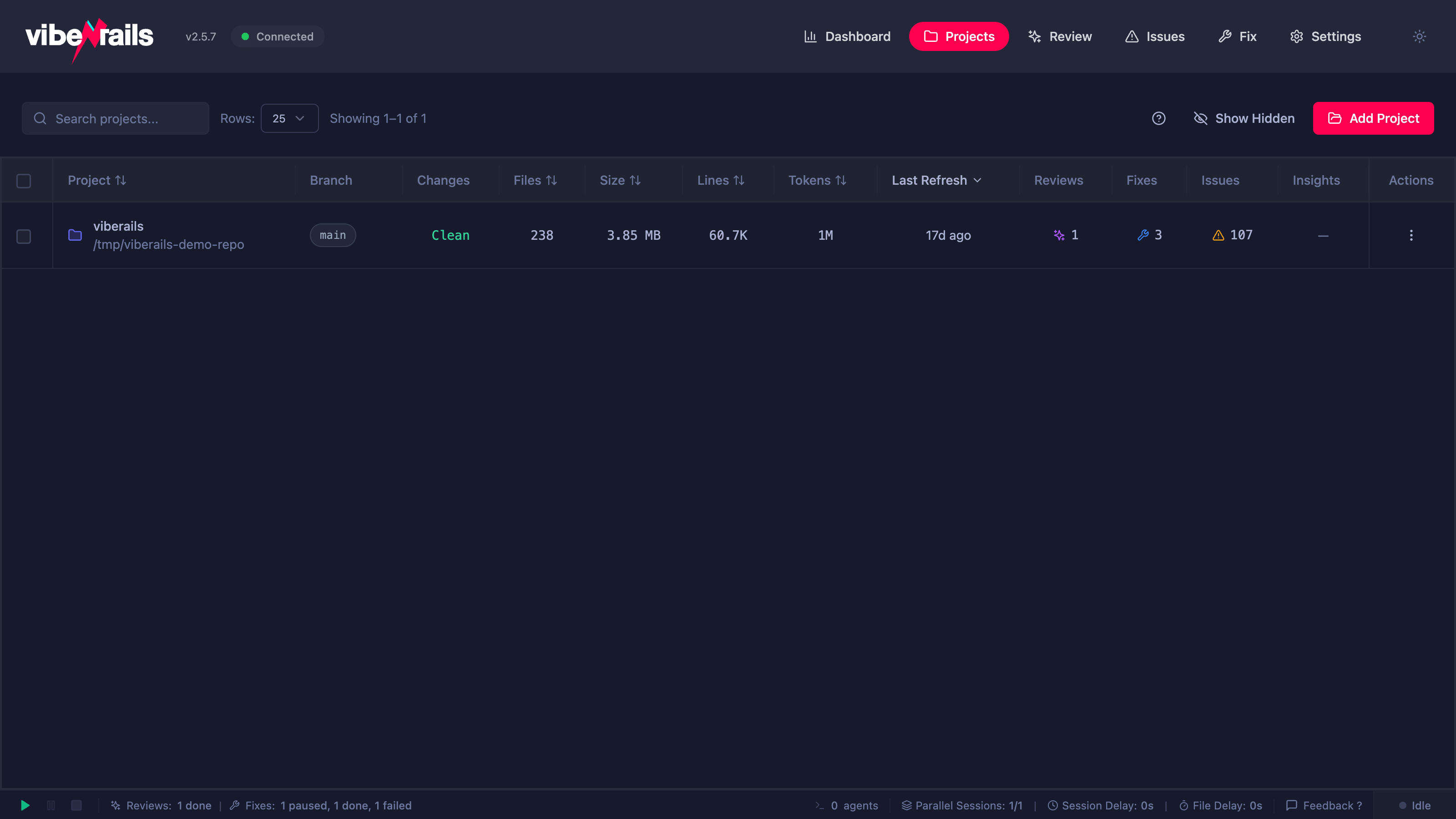 Projects table showing registered codebases with file counts and status