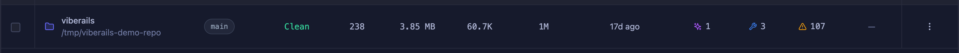 A project row in the Projects table showing file count, token count, and branch