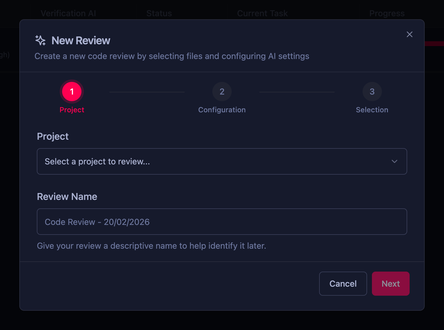 Review wizard Step 1 - project selection