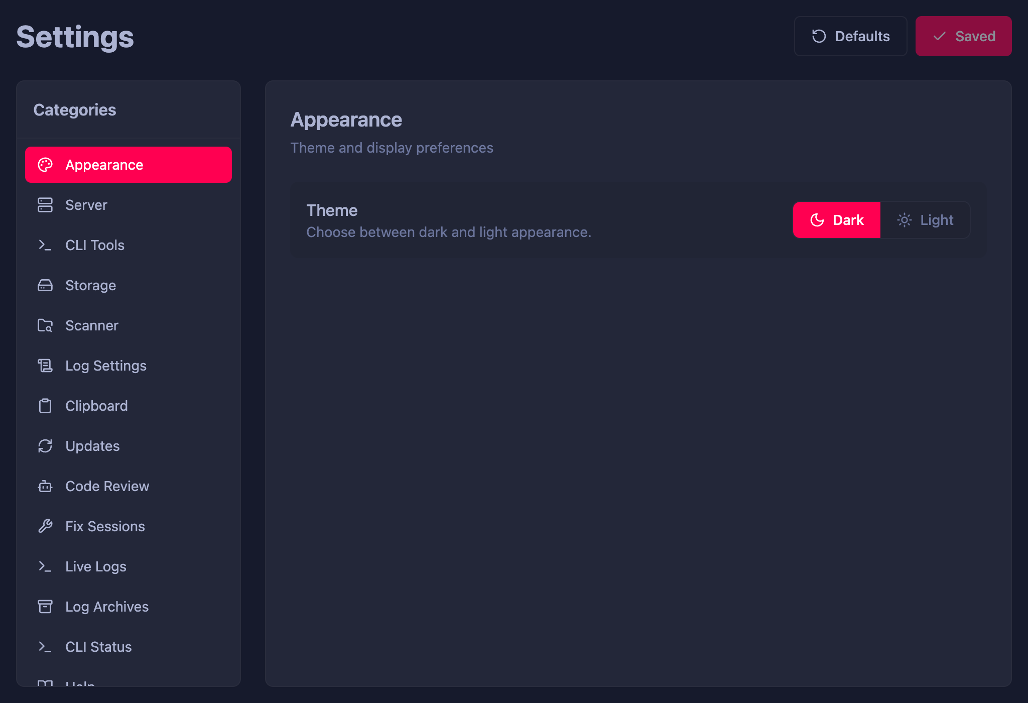 Settings screen showing all configuration sections