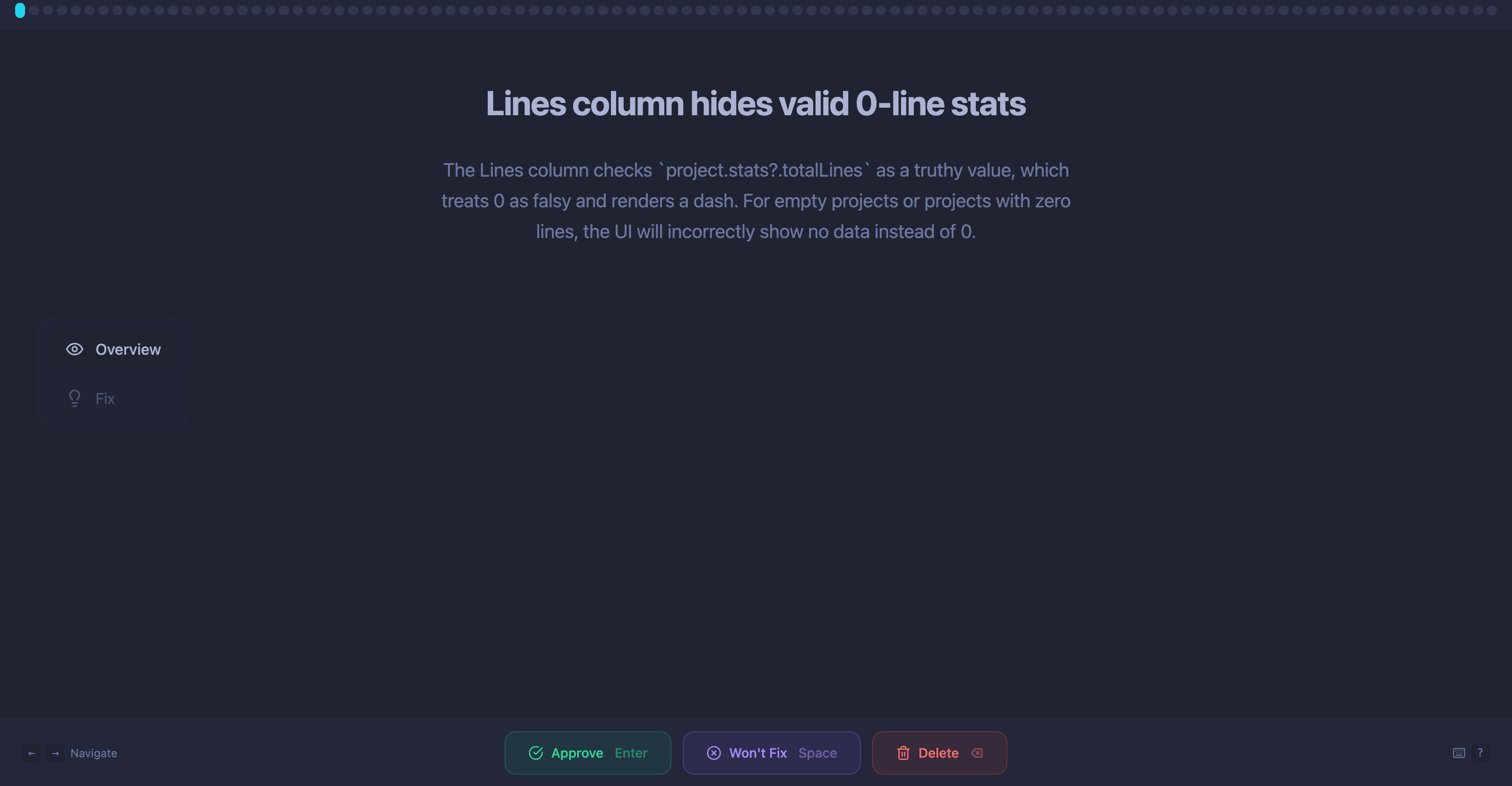 Overview tab showing issue summary, severity, and confidence